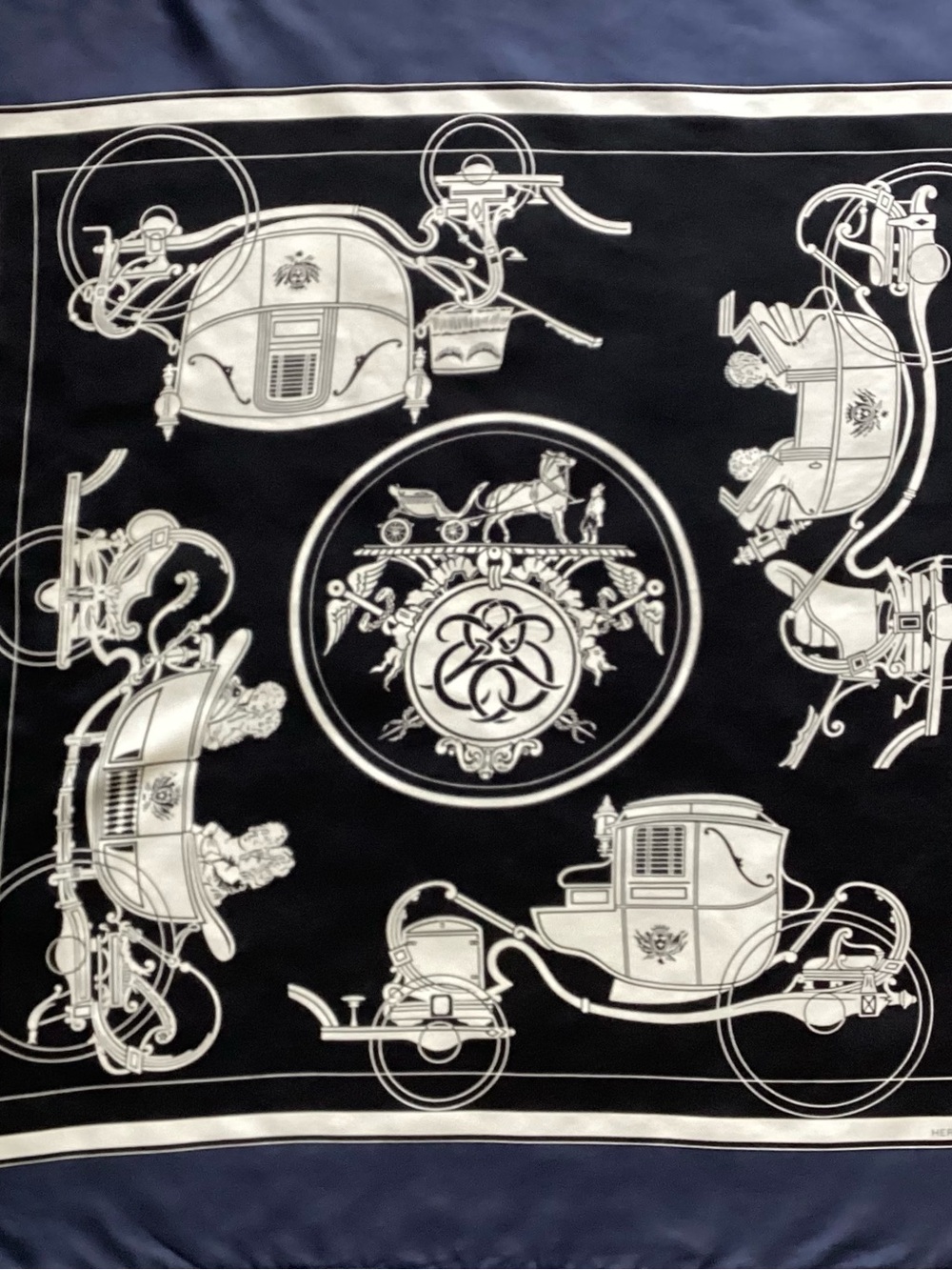 Hermes Black and Navy Carriage Silk Scarf